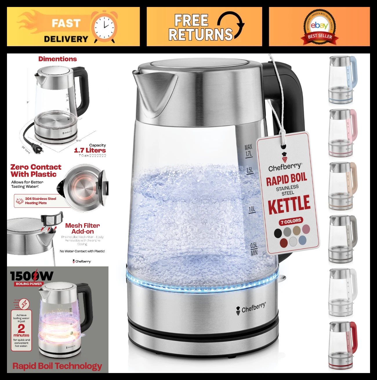 1.7L Electric Kettle for Hot Tea & Water, Stainless Steel & Borosilicate Glass,