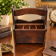 Vtg Wooden Organizer Caddy Dark Brown Wood Desktop Letter Mail Holder Storage