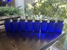 Eight Navy Blue Glass Jars for Crafting with Lids