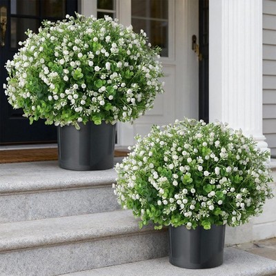 Artificial Eucalyptus with Baby's Breath Topiary Ball Trees - 2 Set Plastic F...