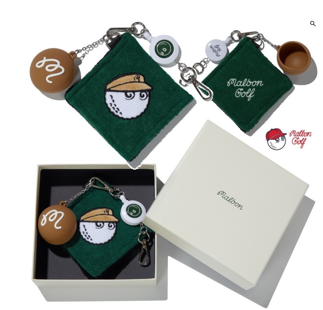 Malbon Golf Ball Towel & Ball Case Pouch Set Green Authentic Field