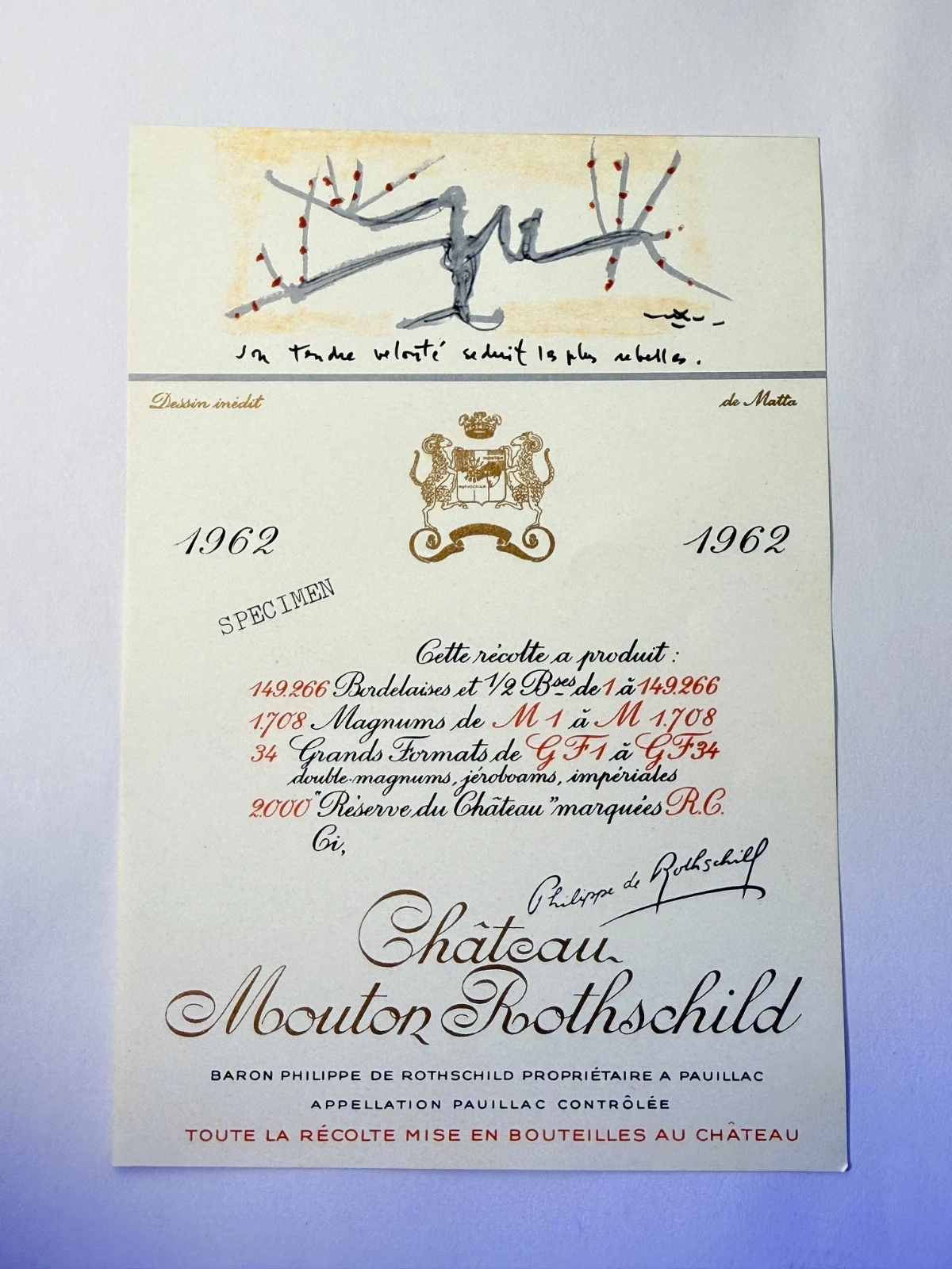 Étiquette De Vin Château Mouton Rotschild Spécimen 1962