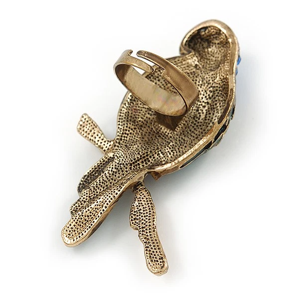 Anillo grande de pájaro loro esmaltado azul zafiro en metal dorado antiguo de cristal azul zafiro Foto 3 de 4