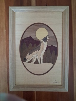 Vintage Hudson River Inlay ''Howling Wolf'' Signed Nelson Wood Art Frame  #73