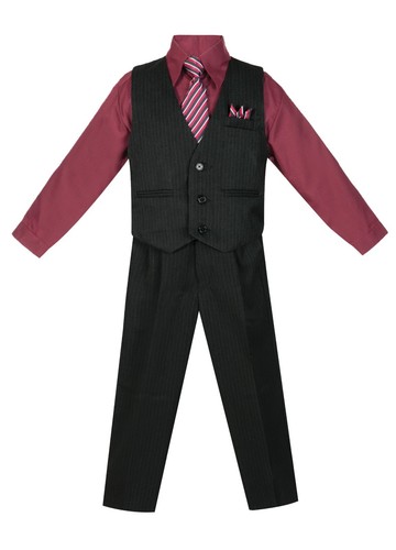 BOYS STRIPED FORMAL VEST 5PC SET SOFT Solid VEST PANT SHIRT TIE POCKET SQ V-1688 - Picture 11 of 20