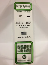 Evergreen # 117  Styrene Plastic Strips 0.015"x 0.156" x 14" (10) HO