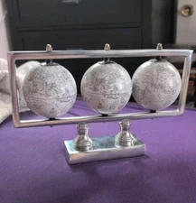 3 White World Globes Show Piece Rotating Silver Aluminum Home Decor