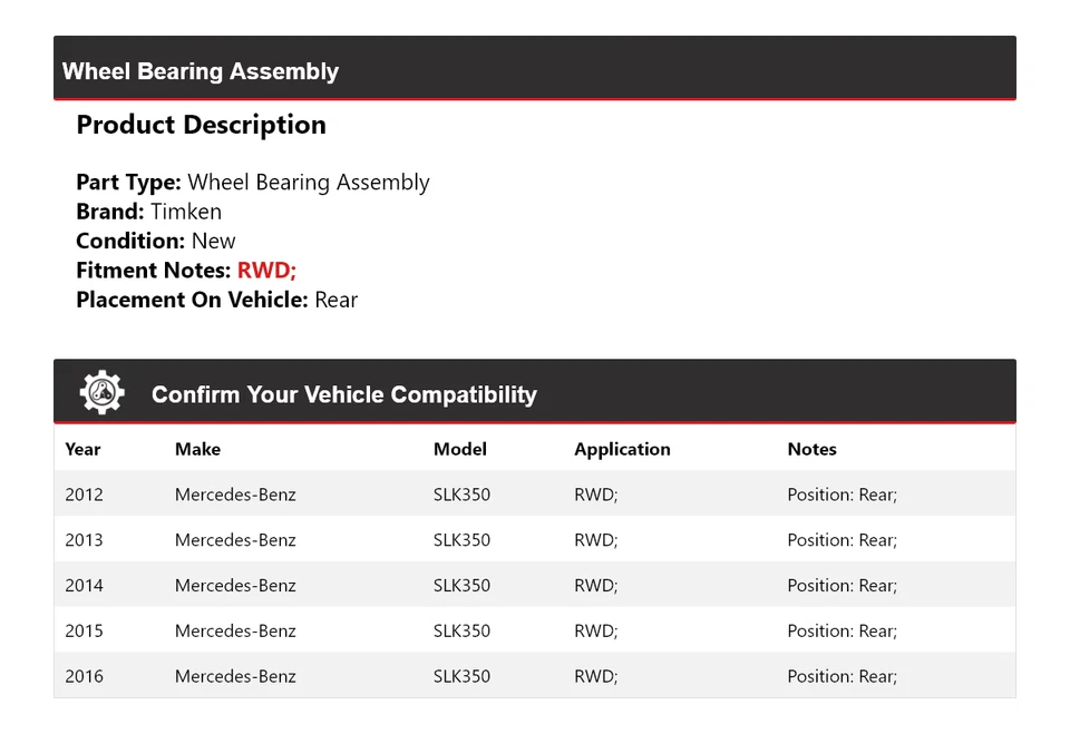 Conjunto de cojinete de rueda trasero Timken 2013 para Mercedes-Benz SLK350 2012-2016 tracción trasera Foto 2 de 4