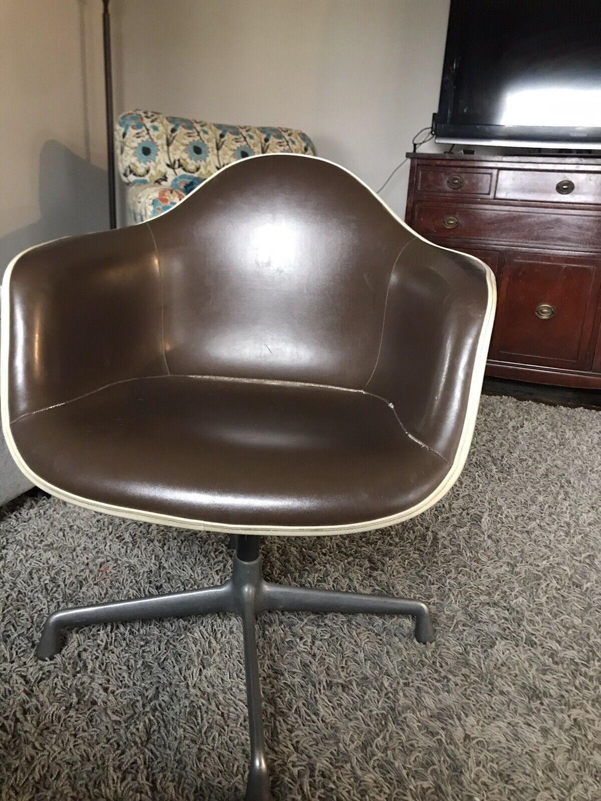 Eames Herman Miller Covered Swivel Shell Armchair Brown Leather Neutral