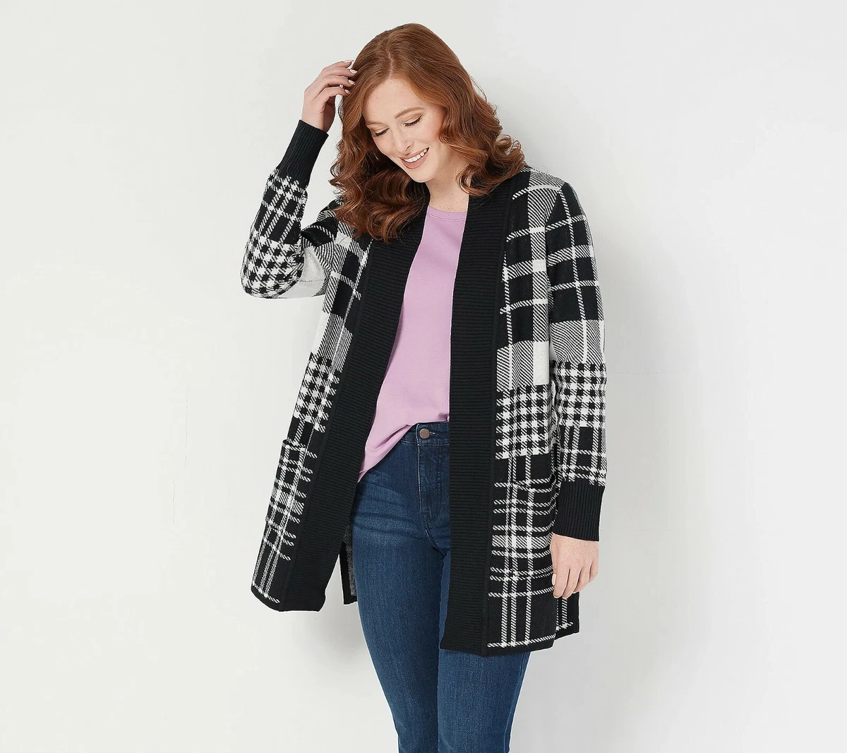Isaac Mizrahi Live! Plaid Pattern Jacquard Cardigan - Black Plaid - XL - A369738
