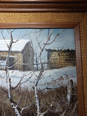 J.MEDINA ORIGINAL OIL ON CANVAS BARN WINTER LANDSCAPE PAINTING VTG