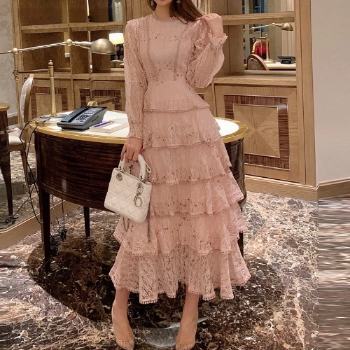Pink lace maxi store dress with sleeves