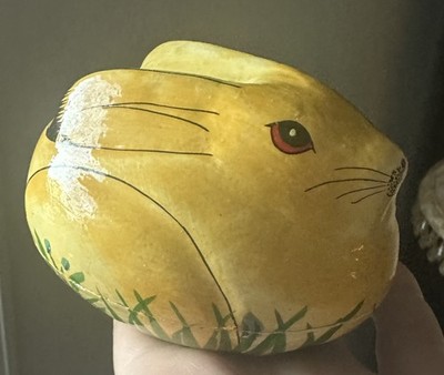 Vintage Kashmir Paper Mache Yellow Bunny Rabbit Box India Lacquered Trinket Box