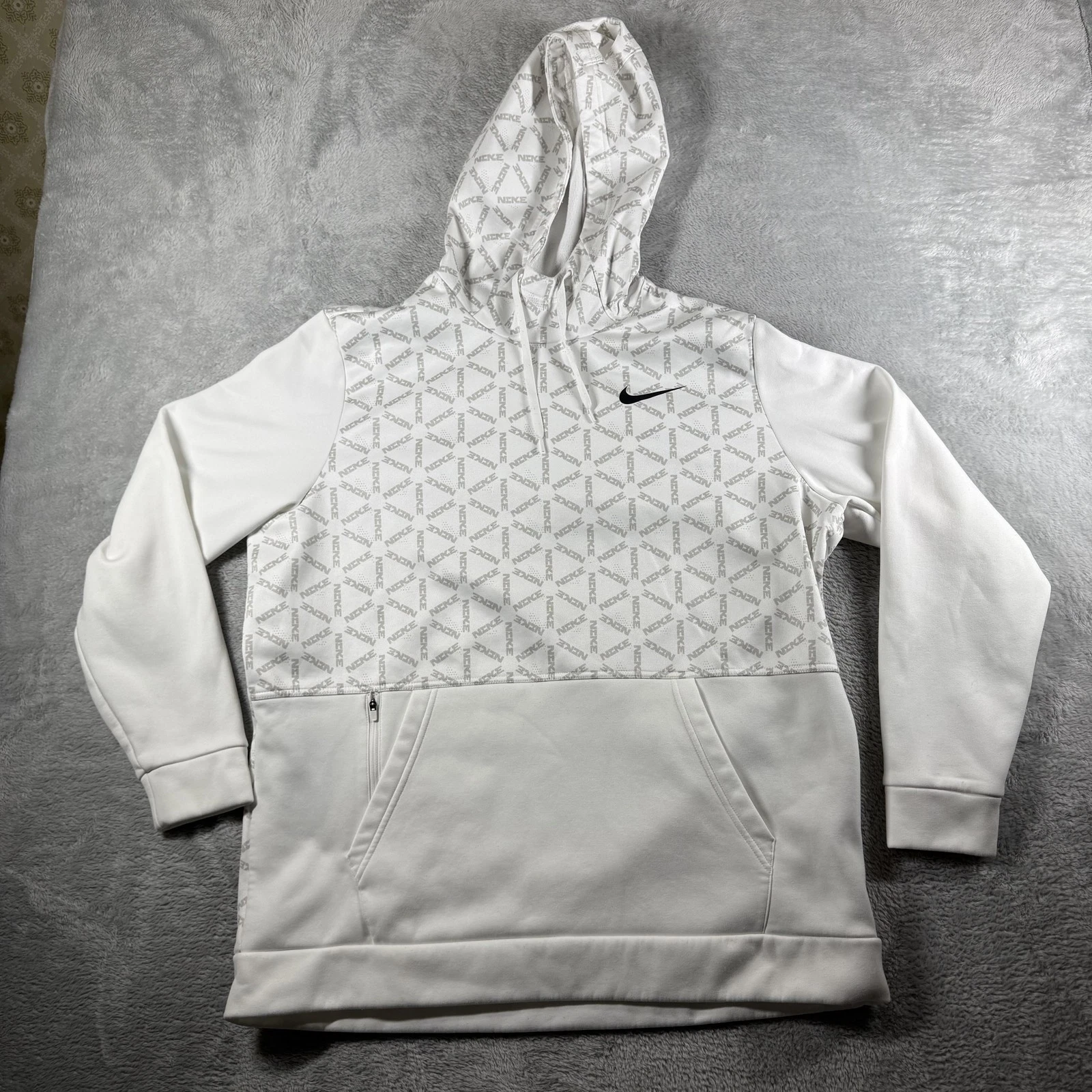 Nike Hoodie Mens XL White Therma FIT Allover Logo Pullover Fleece Sweatshirt AOP