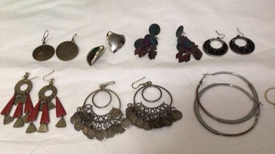 Lot 8 Pair Pierced Earrings Hoops Drop Dangle Shield Unknown Metal & Materials