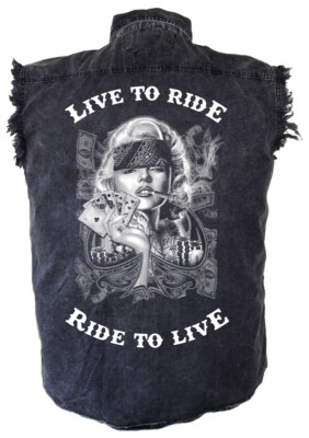 Mens Poker Playing Hot Marilyn Monroe Acid Washed Denim Cutoff Biker