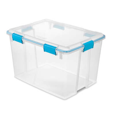 Sterilite 80 Quart Gasket Box Storage Bin W/ Lid & Latches, Clear / Aqua Blue