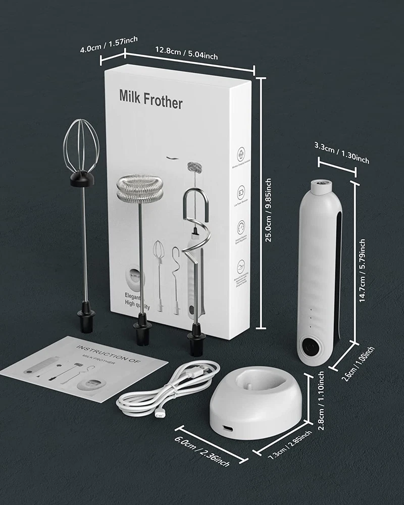 Milk Frother Handheld, USB Rechargeable Milk Foam Maker with 3 Stainless Whisks,