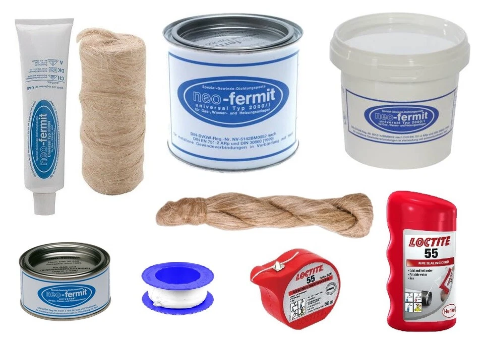 Gewindehanf Dichtungspaste Neo-Fermit Teflonband Hanfrolle Hanfzopf Loctite 55