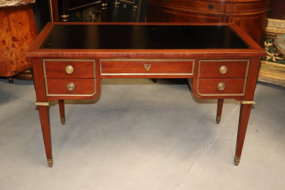 Black Leather Top French Directoire Style Writing Desk Bureau Plat Circa 1960