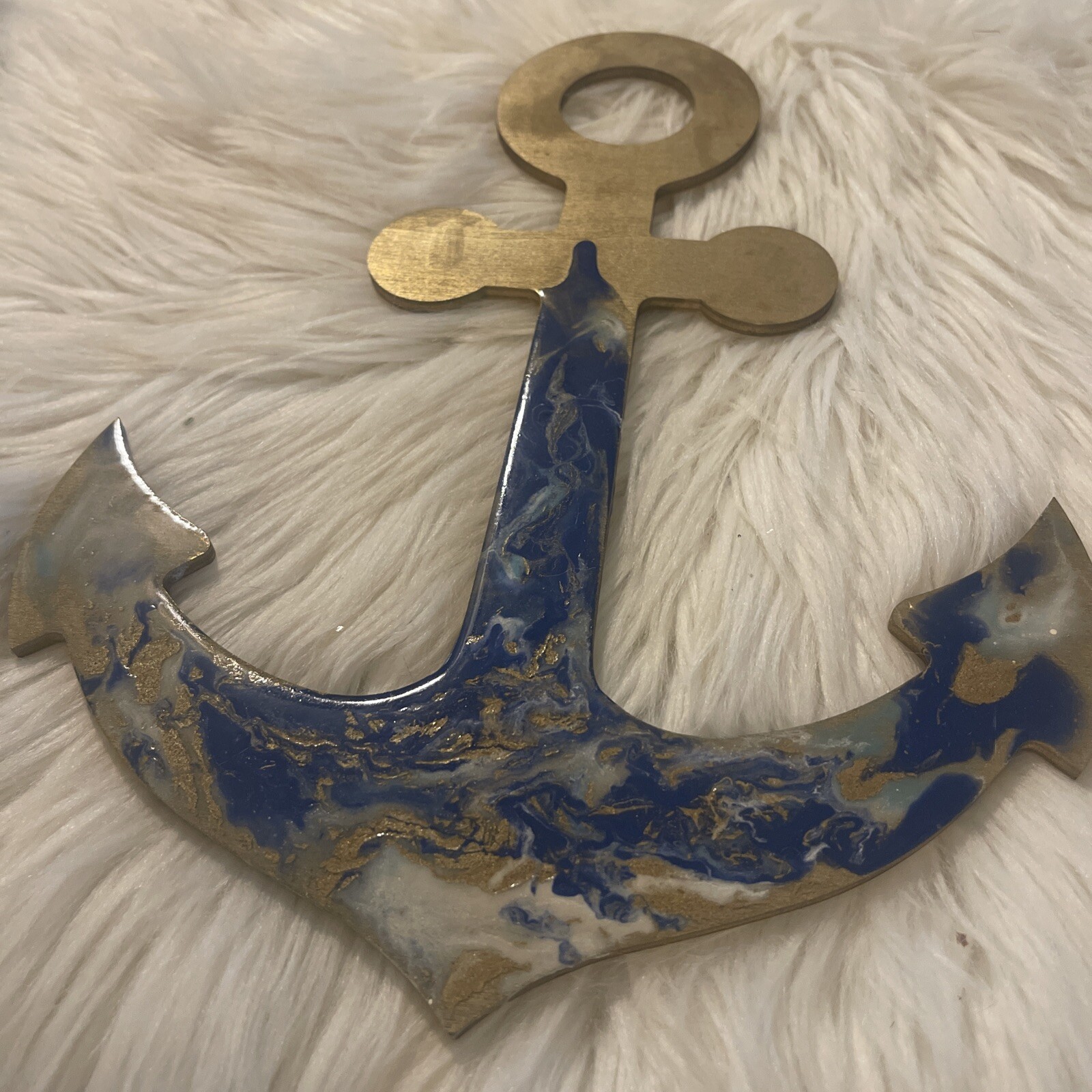 Nautical Anchor Wall Decor Wood Epoxy Resin 11.5” X 8.75” Gold Blue White Teal-image