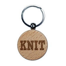 Knit Fun Text Engraved Wood Round Keychain Tag Charm