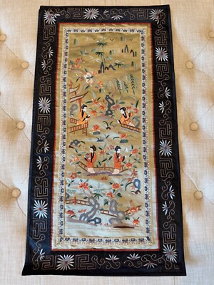 Vintage Chinese Silk Embroidered Textile w/ Women Flowers Peach & Landscape Dec.