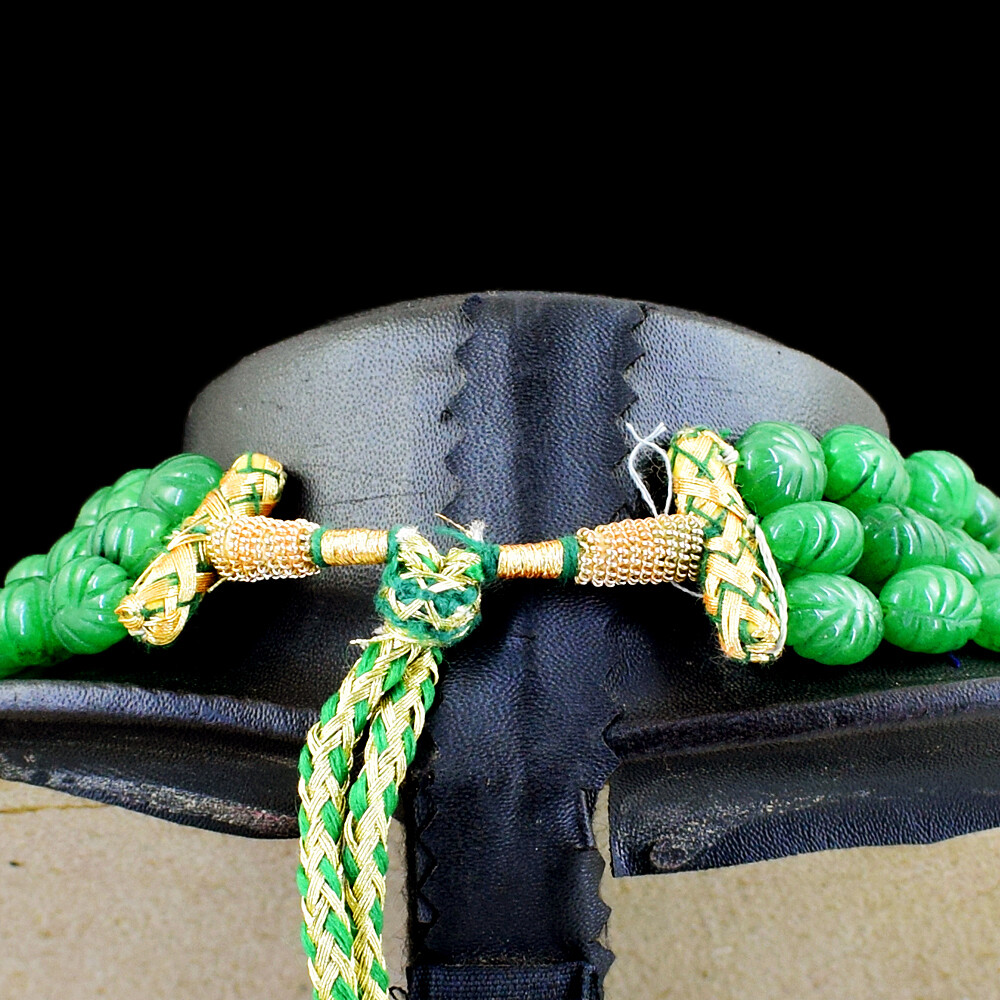 JaipurJewels 740 CTS Earth Mined Rich Green Emerald Carved Beads Necklace – 3 Line Oval
