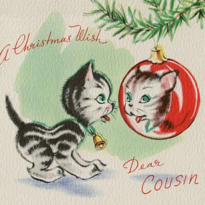 VTG POP UP CHRISTMAS GREETING CARD TIGER STRIPE KITTEN CAT REFLECTION ORNAMENT