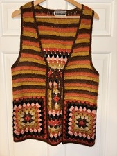 Vintage Granny Square Vest Crochet Helen Harper Brown Orange Pink Stripe size M