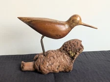 Vtg Handcarved Wood Sandpiper Bird Art Sculpture on Driftwood Base MCM Signed