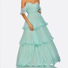 NWT Mac Duggal Dress Ball Gown Maxi 49245 Mint Light Blue Chiffon Tiered size 4