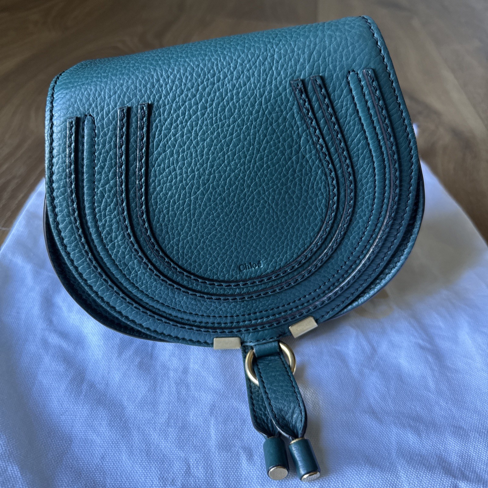 CHLOE Marcie Small Saddle Crossbody Bag Grained Leather Designer TEAL GREEN