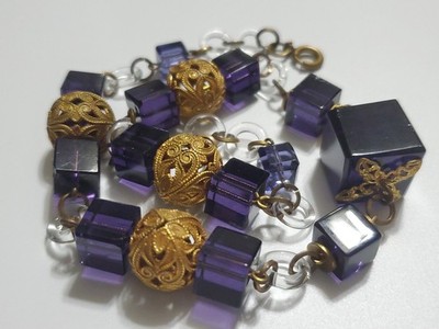 EARLY CUBED ART GLASS AMETHYST COLOR PURPLE BEADS MIRIAM HASKELL NECKLACE 1930s
