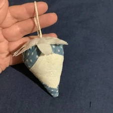 Strawberry Emery ~ Pincushion Indigo & White Quilt Piece Tattered Linen “Cap”