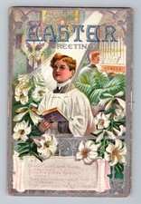 Christ Our Lord Has Risen Child Praying Easter Greeting Postcard Embossed Lily 