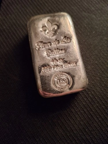 10 oz .999 Cast-Poured Silver Bar. ISO. Fleur-de-Lis Bullion VERY NICE PIECE