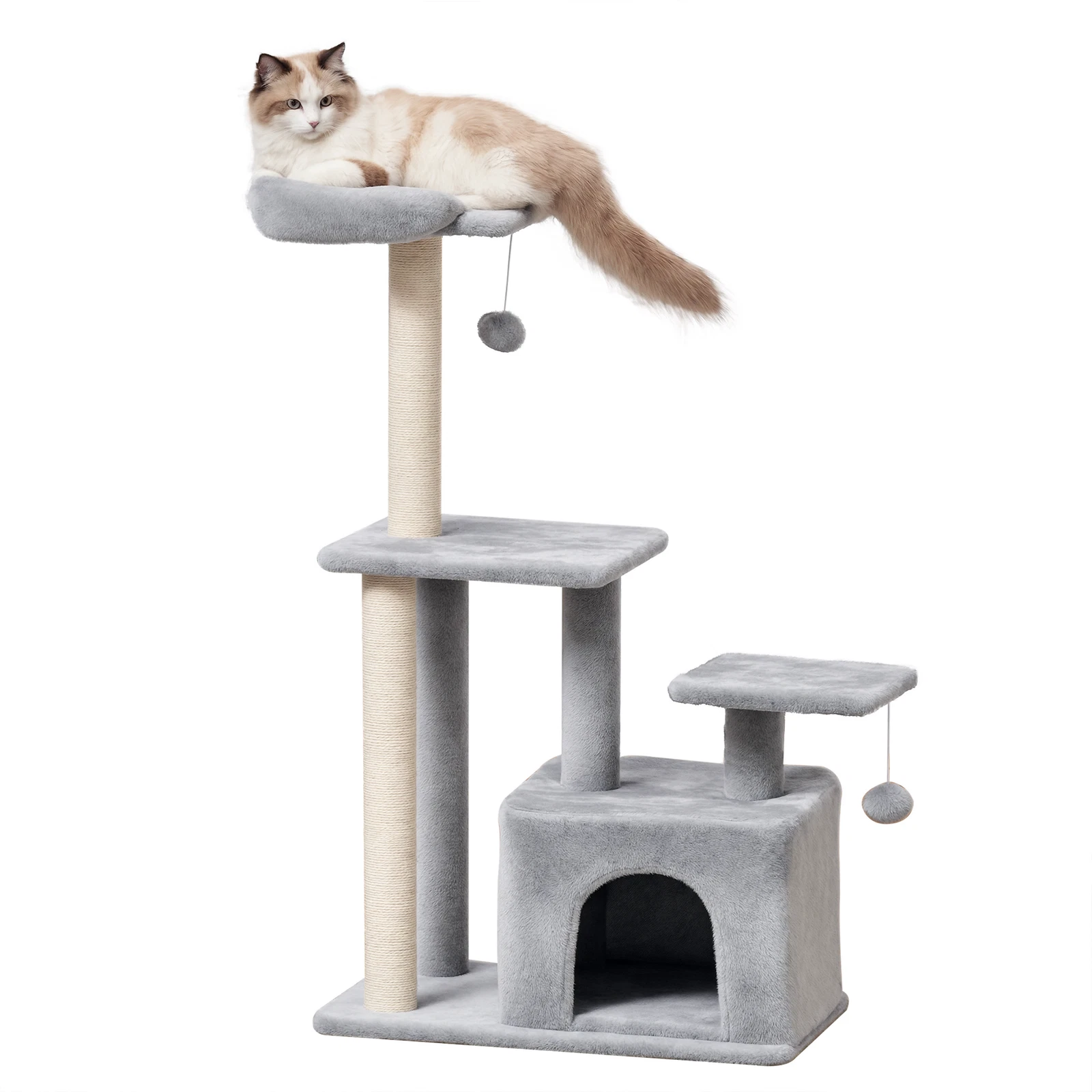 PawHut Cat Tree Tower with Sisal Scratching Post Condo 114cm Light Grey