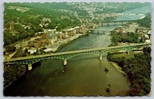 Augusta Maine Aerial View Kennebec River Business District Chrome Postcard C423