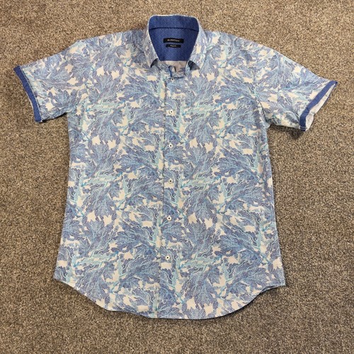 Bugatchi Mens M Short Sleeve ButtonUp Shirt Blue Tropical Coral Print Shaped Fit