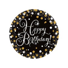 Sparkling Celebration Happy Birthday 9 " Paper Plates Pack of 8 Black Gold