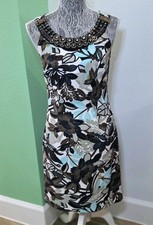 Womens Dressbarn Size 4 Tropical Sleeveless Sheath Beaded Neck Zip Stretch 