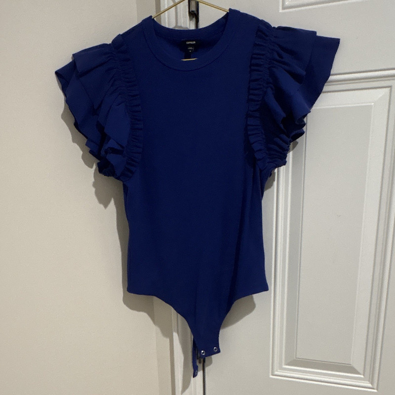 Express Blue Ribbed Ruffle Sleeve Bodysuit One Piece Women’s Size M Solid
