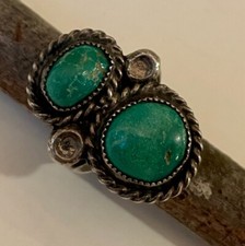 LG OLD Navajo NA Double Green Turquoise, Stamped Sterling Silver Ring Sz 6, 7.7g