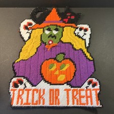 Vintage Plastic Canvas Trick Or Treat Halloween Witch Wall Hanging