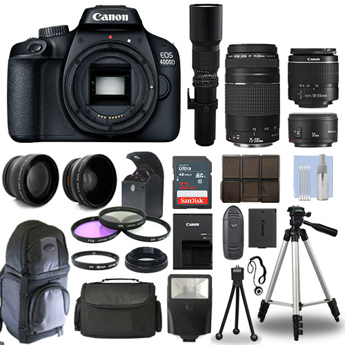 Canon EOS 4000D T100 SLR Lens 18-55mm, 75-300mm, 50mm, 500mm+ 32GB  PRO KIT