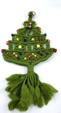 Macrame Christmas Tree Green Hanging Bells Wood Beads Decor 70's Hanging 17" Vtg