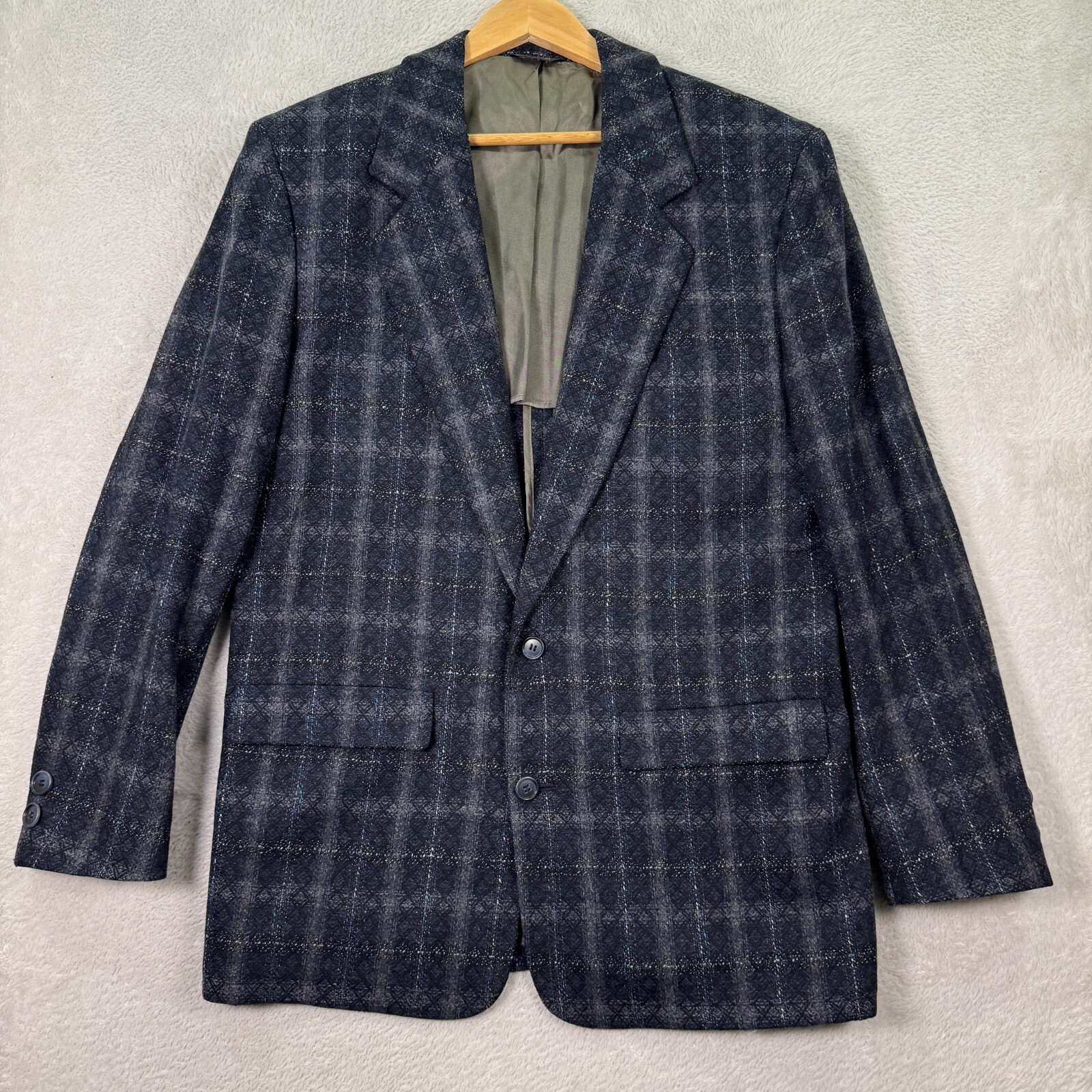 VINTAGE Lanvin Sport Coat Mens Medium Tall Blue Check Tweed Classic Fit Preppy