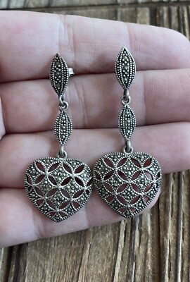 Vintage Marcasite Heart Sterling Silver Dangle Earrings, 6g 925
