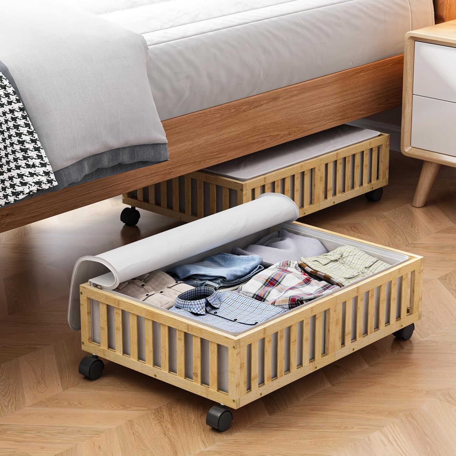 Bamboo Under-Bed Storage Containers with Wheels, 2-Pack Shoe Organizer-image